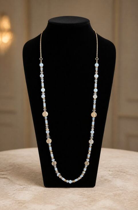 Unbranded Jewelry - Long White Beaded Station Necklace with Gold Tone Chain